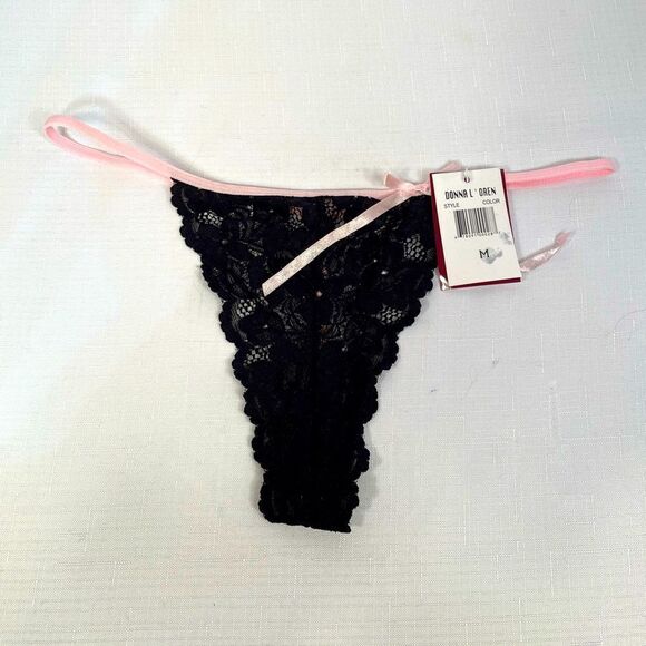 NWT BLACK LACE WITH PINK SATIN V-STRING BY DONNA L’OREN SIZE MEDIUM - Picture 1 of 5